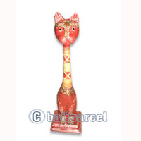 Wooden Cat With Painted, Hand Carved From Albesia Wood