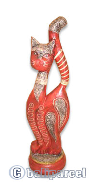 Wooden Cat With Painted, Hand Carved From Albesia Wood