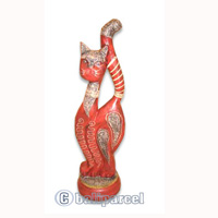 Wooden Cat With Painted, Hand Carved From Albesia Wood