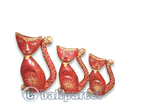Wooden Cat Set Of 3 With Painted, Hand Carved From Albesia Wood