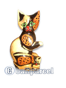 Wooden Cat With Painted, Hand Carved From Albesia Wood