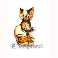 Wooden Cat With Painted, Hand Carved From Albesia Wood