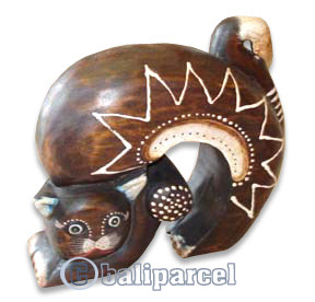 Wooden Cat With Painted, Hand Carved From Albesia Wood