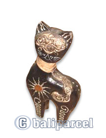Wooden Cat With Painted, Hand Carved From Albesia Wood