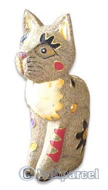 Wooden Cat With Painted, Hand Carved From Albesia Wood
