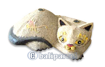 Wooden Cat With Painted, Hand Carved From Albesia Wood