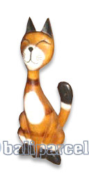 Wooden Cat With Painted, Hand Carved From Albesia Wood