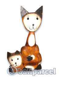Wooden Cat With Painted, Hand Carved From Albesia Wood