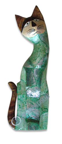 Wooden Cat With Painted, Hand Carved From Albesia Wood