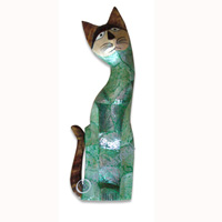Wooden Cat With Painted, Hand Carved From Albesia Wood