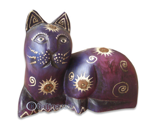 Wooden Cat With Painted, Hand Carved From Albesia Wood