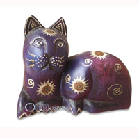 Wooden Cat With Painted, Hand Carved From Albesia Wood
