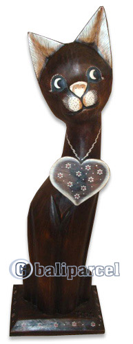 Wooden Cat With Painted, Hand Carved From Albesia Wood
