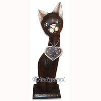 Wooden Cat With Painted, Hand Carved From Albesia Wood