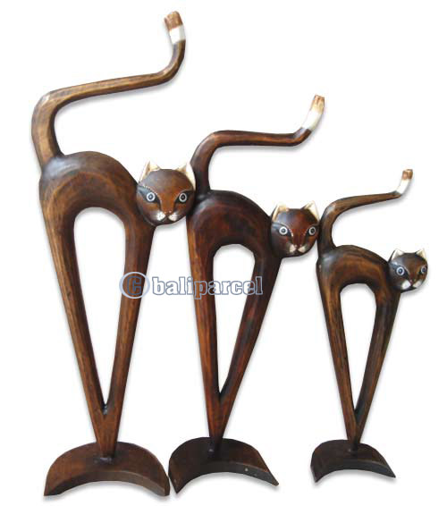 Wooden Cat Set Of 3 With Painted, Hand Carved From Albesia Wood
