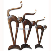 Wooden Cat Set Of 3 With Painted, Hand Carved From Albesia Wood