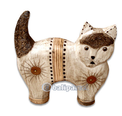 Wooden Cat With Painted, Hand Carved From Albesia Wood