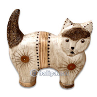 Wooden Cat With Painted, Hand Carved From Albesia Wood