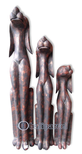 Wooden Dog Set Of 3, Handcarved From Albesia Wood