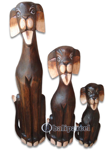 Wooden Dog Set Of 3, Handcarved From Albesia Wood