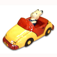 Wooden Miniatur Car With Cat, Handcarved From Albesia Wood