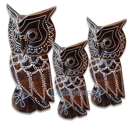 Wooden Owl Set Of 3, Hand Carved From Albesia Wood