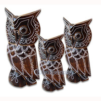 Wooden Owl Set Of 3, Hand Carved From Albesia Wood