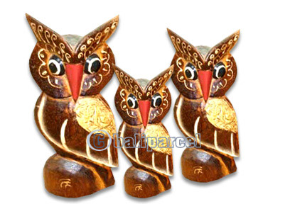 Wooden Owl Set Of 3, Hand Carved From Albesia Wood