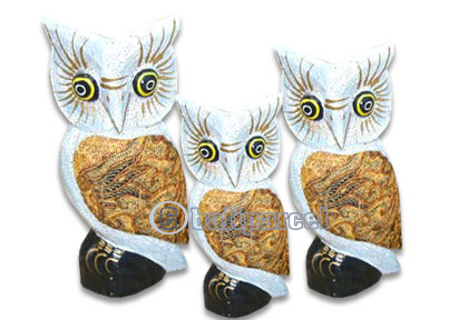 Wooden Owl Set Of 3, Hand Carved From Albesia Wood