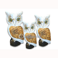 Wooden Owl Set Of 3, Hand Carved From Albesia Wood