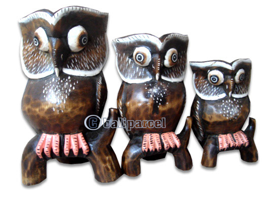 Wooden Owl Set Of 3, Hand Carved From Albesia Wood