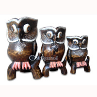 Wooden Owl Set Of 3, Hand Carved From Albesia Wood