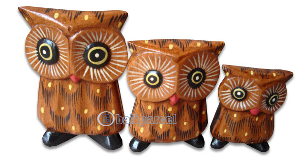 Wooden Owl Set Of 3, Hand Carved From Albesia Wood