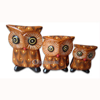Wooden Owl Set Of 3, Hand Carved From Albesia Wood