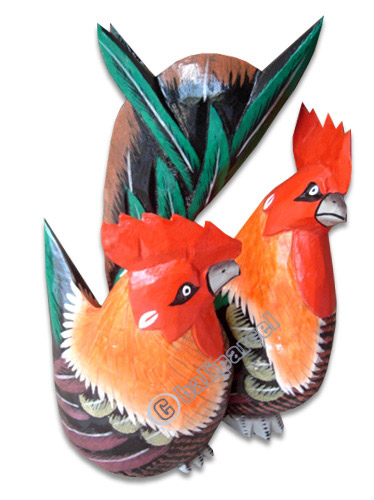 Wooden Chicken Set Of 2, Hand Carved From Albesia Wood