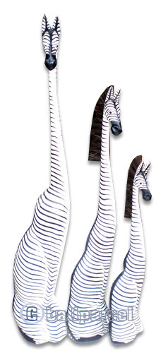 Wooden Sitting Zebra Set Of 3, Hand Carved From Albesia Wood