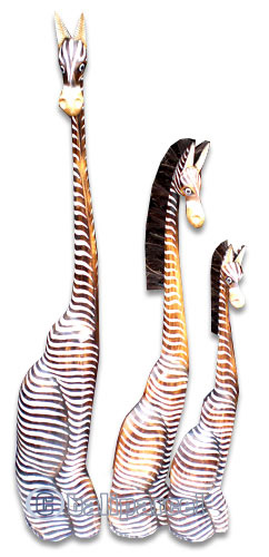Wooden Sitting Zebra Set Of 3, Hand Carved From Albesia Wood