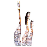 Wooden Sitting Zebra Set Of 3, Hand Carved From Albesia Wood
