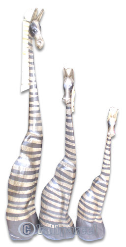 Wooden Sitting Zebra Set Of 3, Hand Carved From Albesia Wood