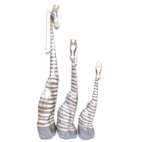 Wooden Sitting Zebra Set Of 3, Hand Carved From Albesia Wood