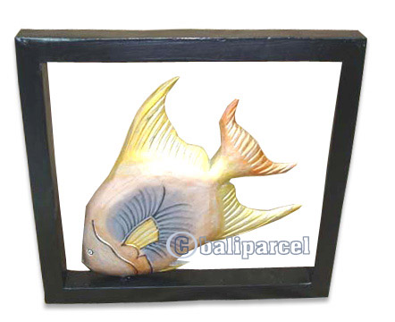Wooden Tropical Fish In Frame, Handcarved From Albesia Wood