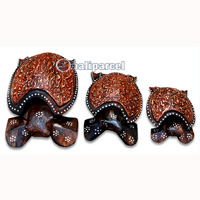 Wooden Turtle Ashtray Set Of 3, Hand Carved From Albesia Wood