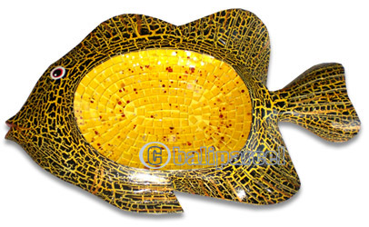Wooden Fish Mosaic, Hand Carved From Albesia Wood And Glass