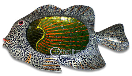 Wooden Fish Mosaic, Hand Carved From Albesia Wood And Glass