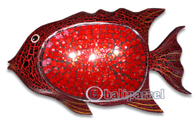 Wooden Fish Mosaic, Hand Carved From Albesia Wood And Glass