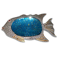 Wooden Fish Mosaic, Hand Carved From Albesia Wood And Glass