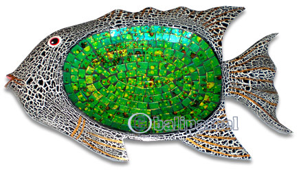 Wooden Fish Mosaic, Hand Carved From Albesia Wood And Glass