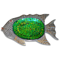 Wooden Fish Mosaic, Hand Carved From Albesia Wood And Glass
