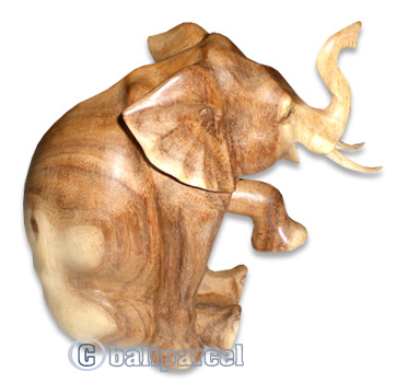 Wooden Sitting Elephant, Hand Carved From Suar Wood