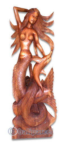 Wooden Mermaid With Dolphin, Hand Carved From Suar Wood